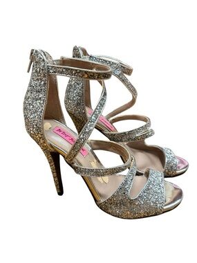 Betsey Johnson Silver Glitter Strappy High Heel Sandals